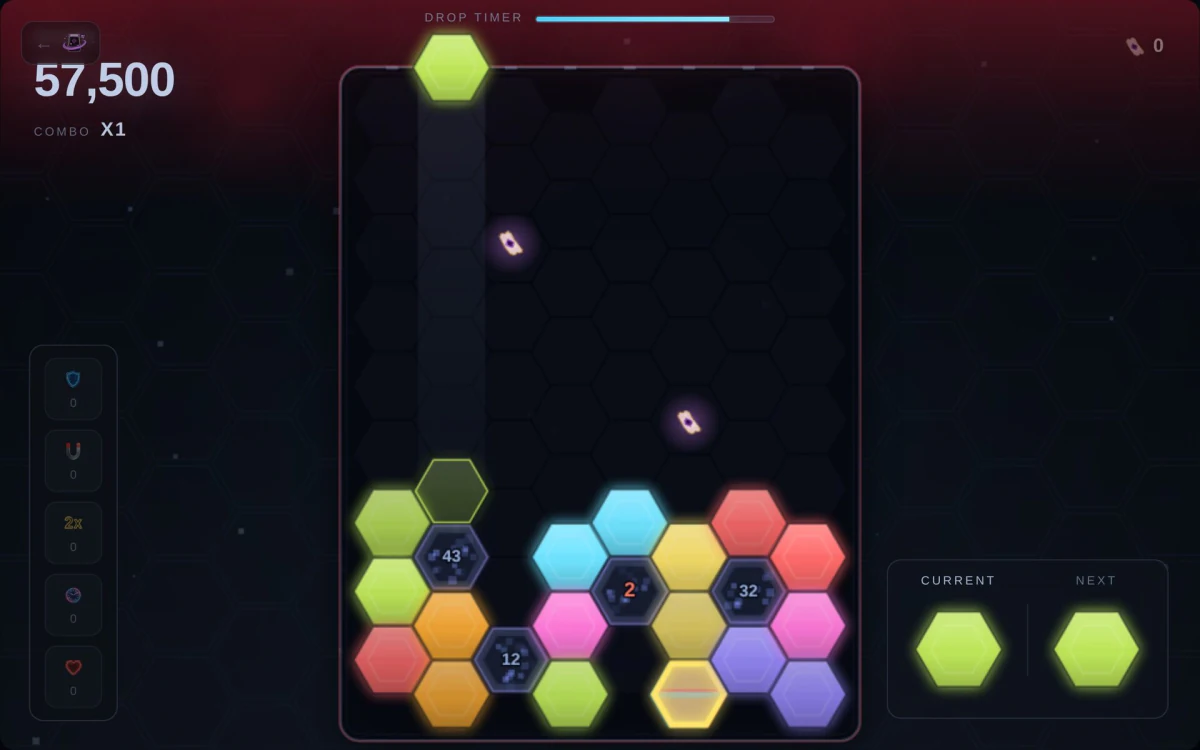 Hex Stack board packed high late in a run