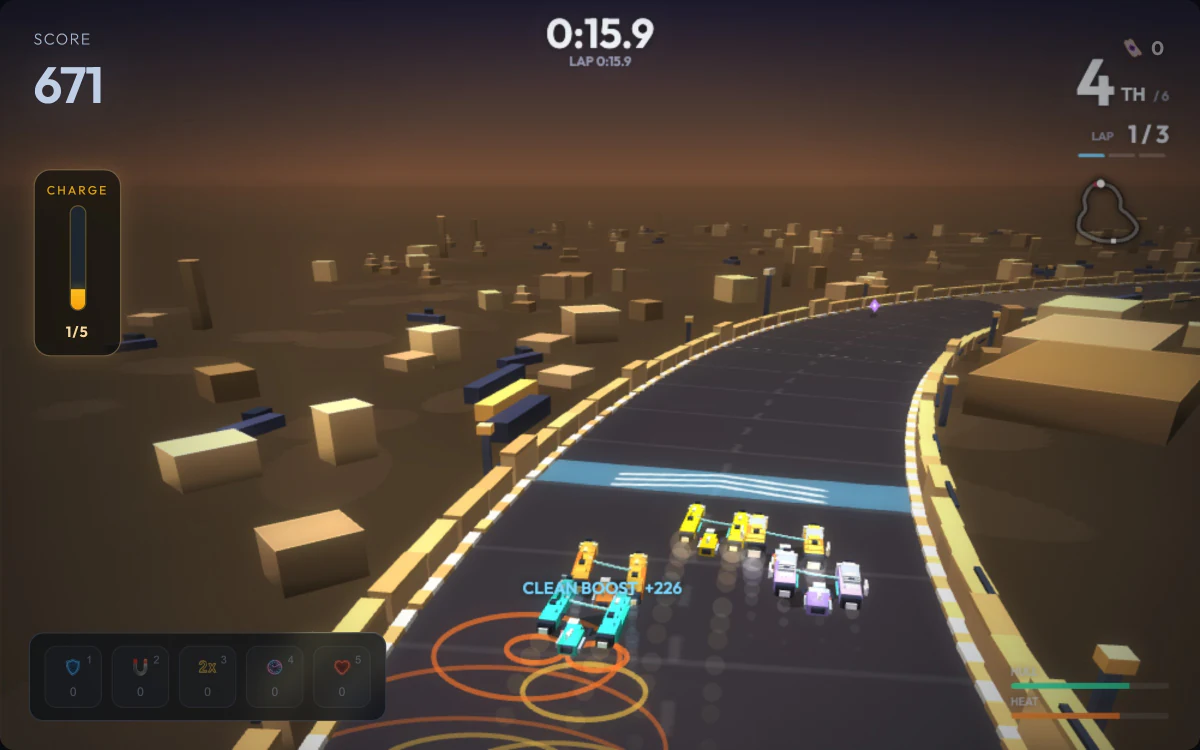 Ion Racers pods racing through the dusk-lit Dune Basin circuit, the player fourth in a tight pack