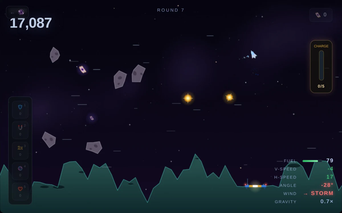 Moonfall round 7 storm with an asteroid field over the pad
