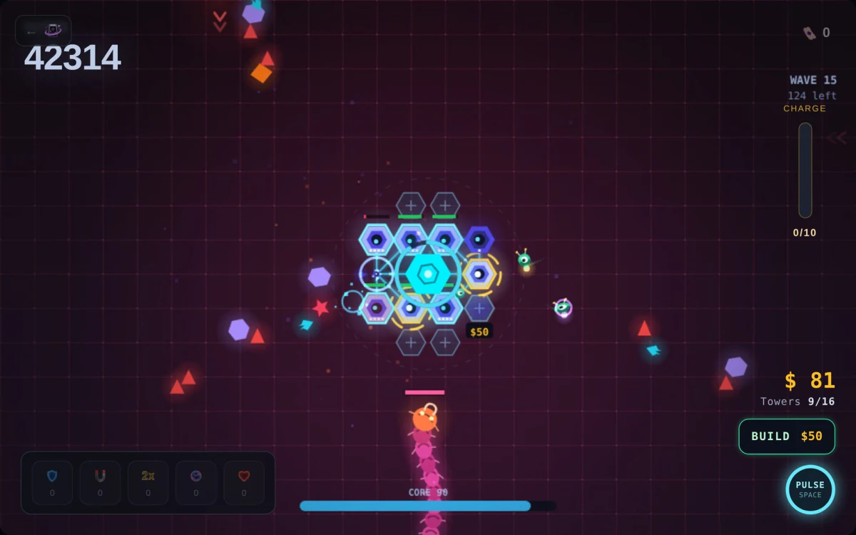 Neural Grid wave 15: a centipede and virus swarms closing on a ring of Basic, mid-tier and Apex towers