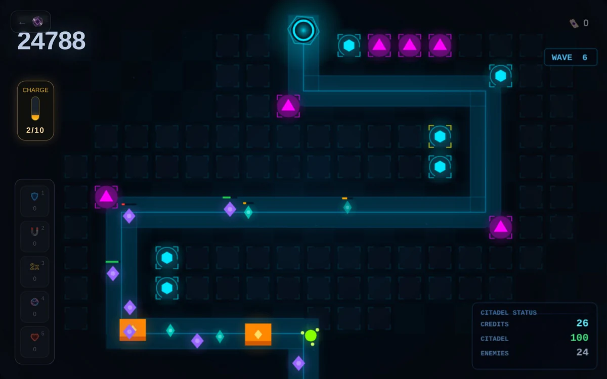 Quantum Nexus wave 6 towers firing on enemies along the path