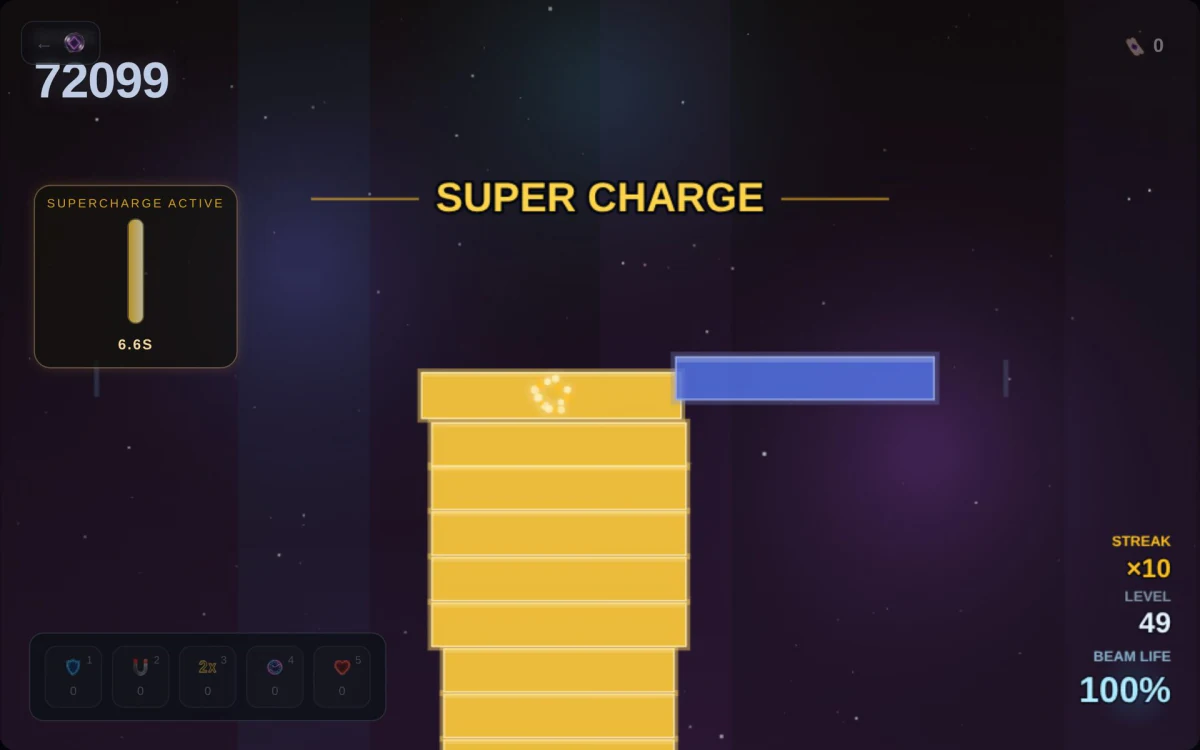Snap Stack super charge: a block sliding in over a wide gold tower on a x10 streak