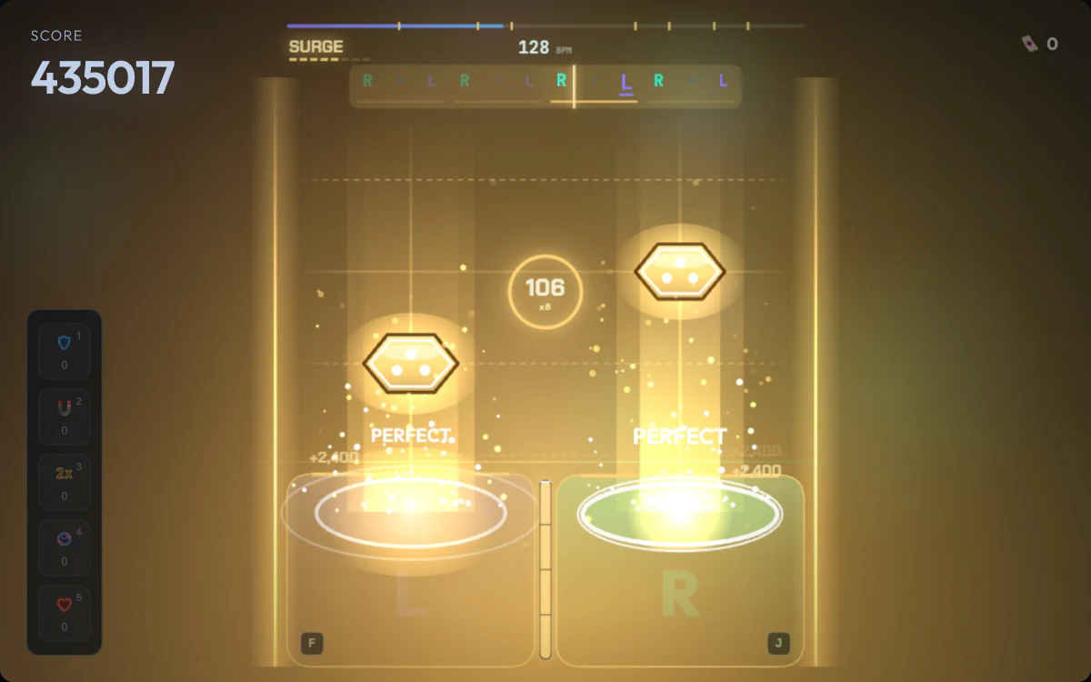 Tidebeat in a Surge: gold notes falling to the two drums, perfect-hit beams and a x4 combo