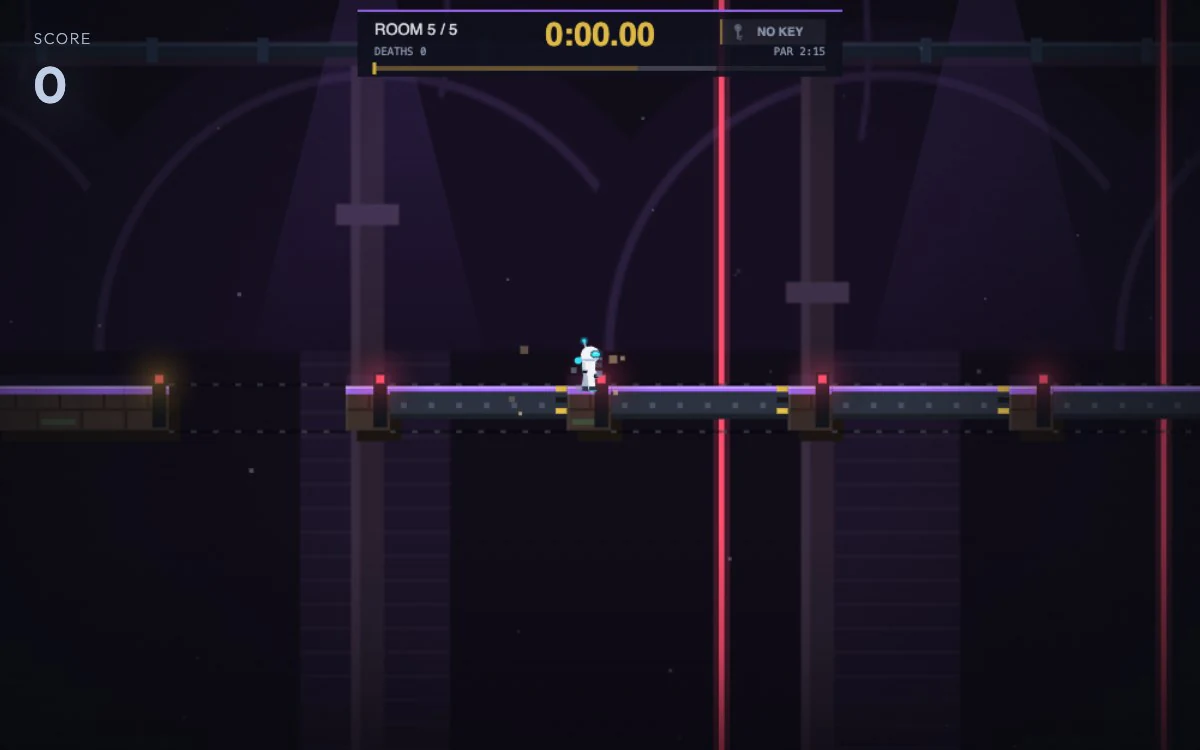 An Outfall room in the Sump: a bridge of sliding storm hatches over the water, red lasers from the ceiling and violet lamps