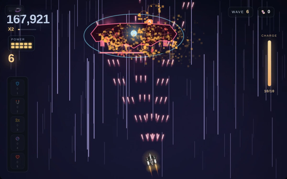 Vector Shot super charge shredding a shielded boss in wave 6
