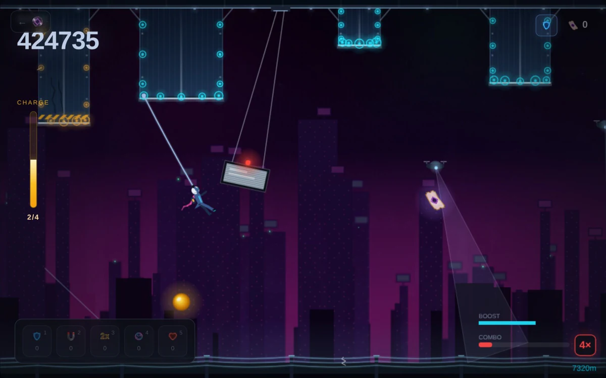 Wire Rush player swinging from a grapple line between neon towers