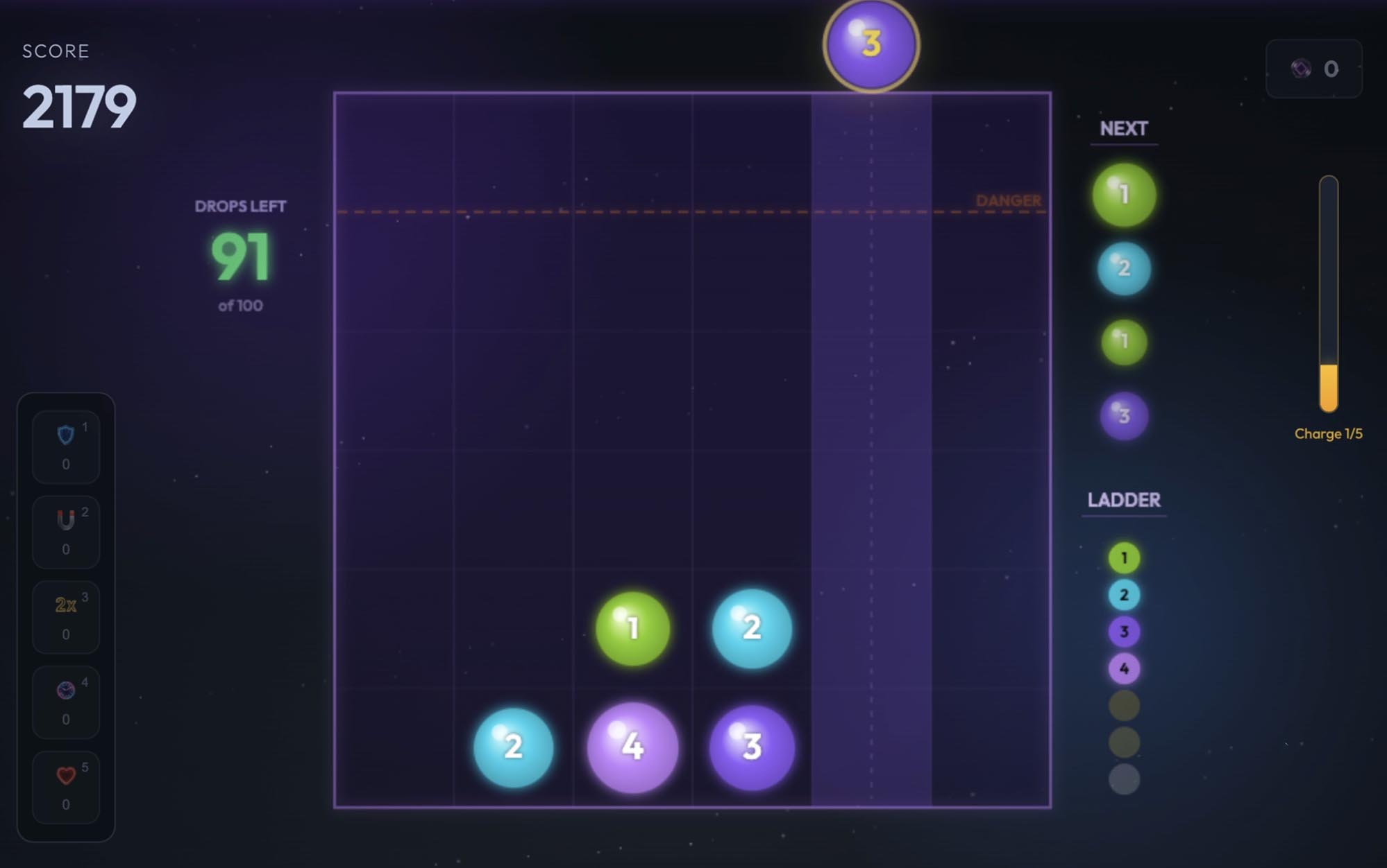 Cascade container with orbs of several sizes settled at the base