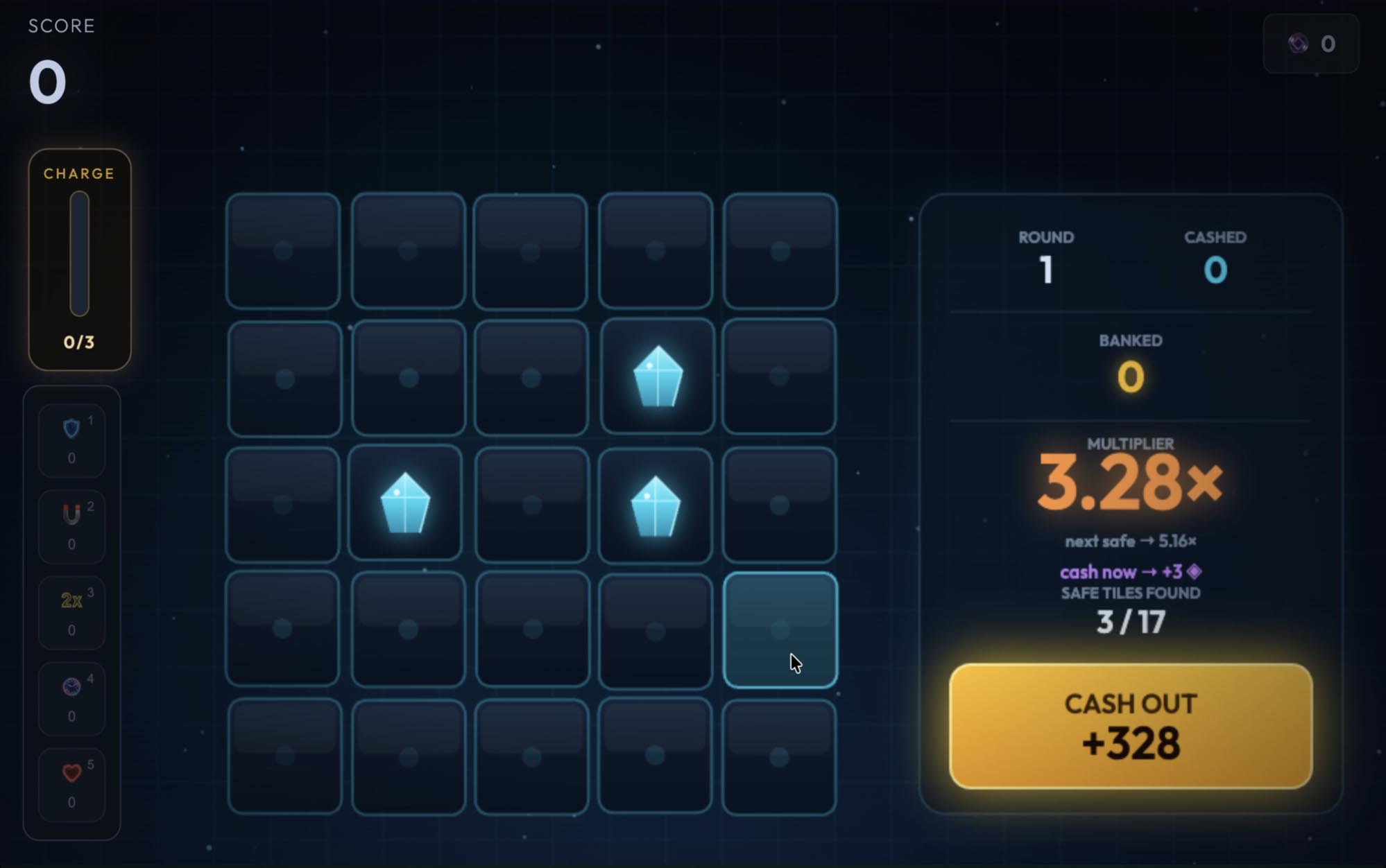 Cash Out board with several tiles revealed and the pot climbing