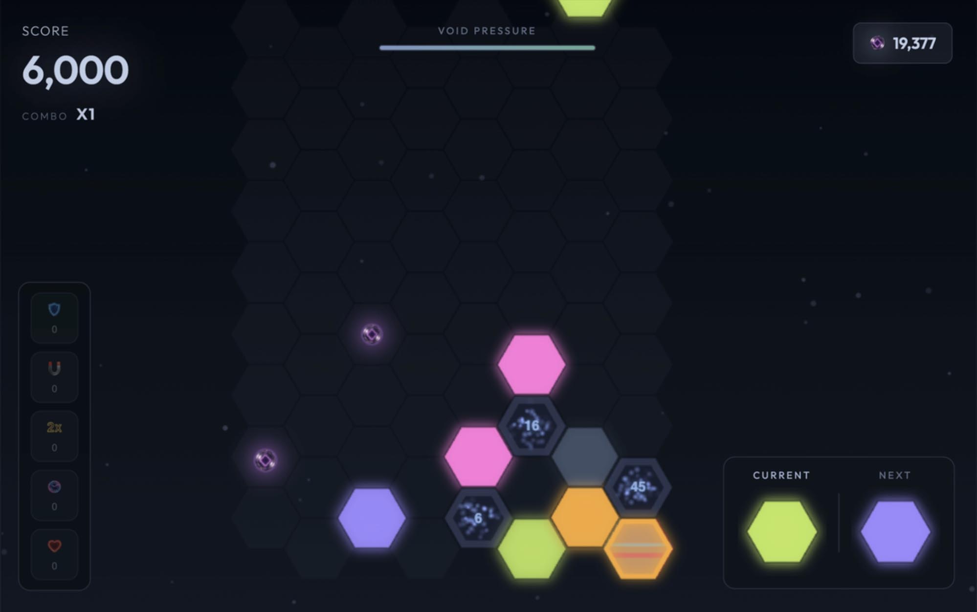 Hex Stack board mid-cascade with a cluster of hexes clearing