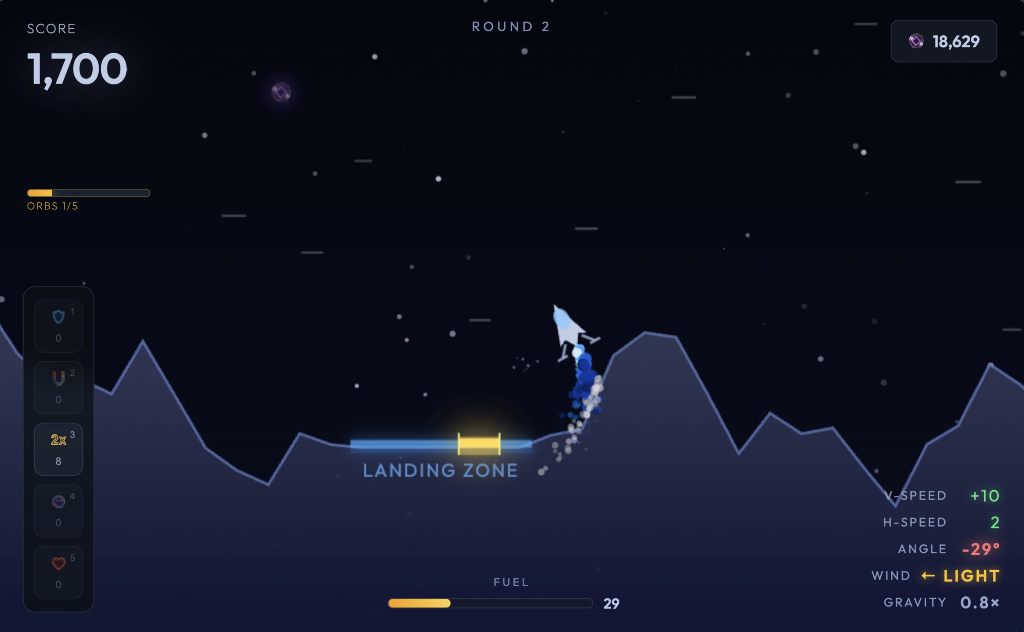 Moonfall lander descending toward a narrow landing pad
