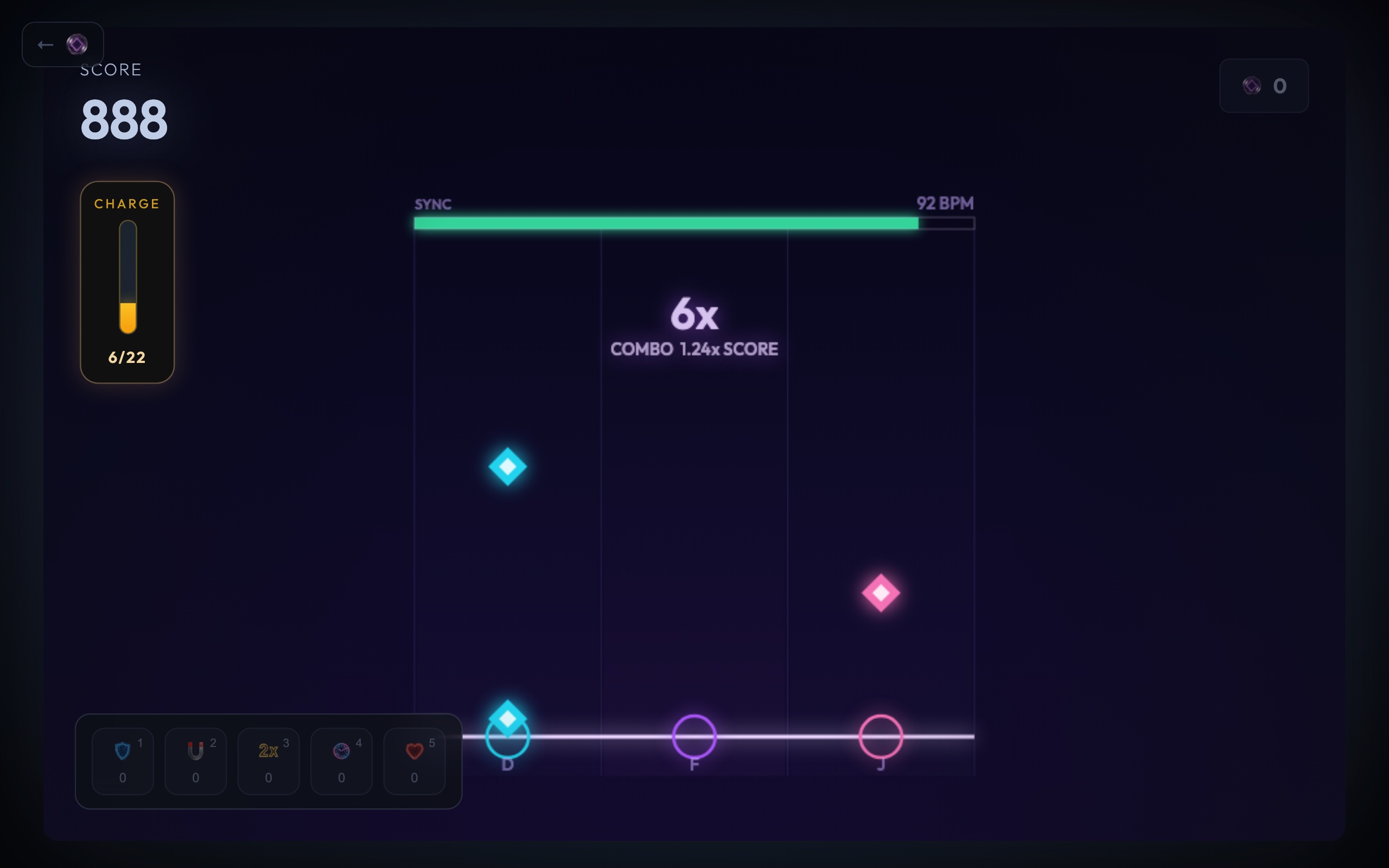Pulse Lock rhythm game showing four descending note lanes above the judgement line