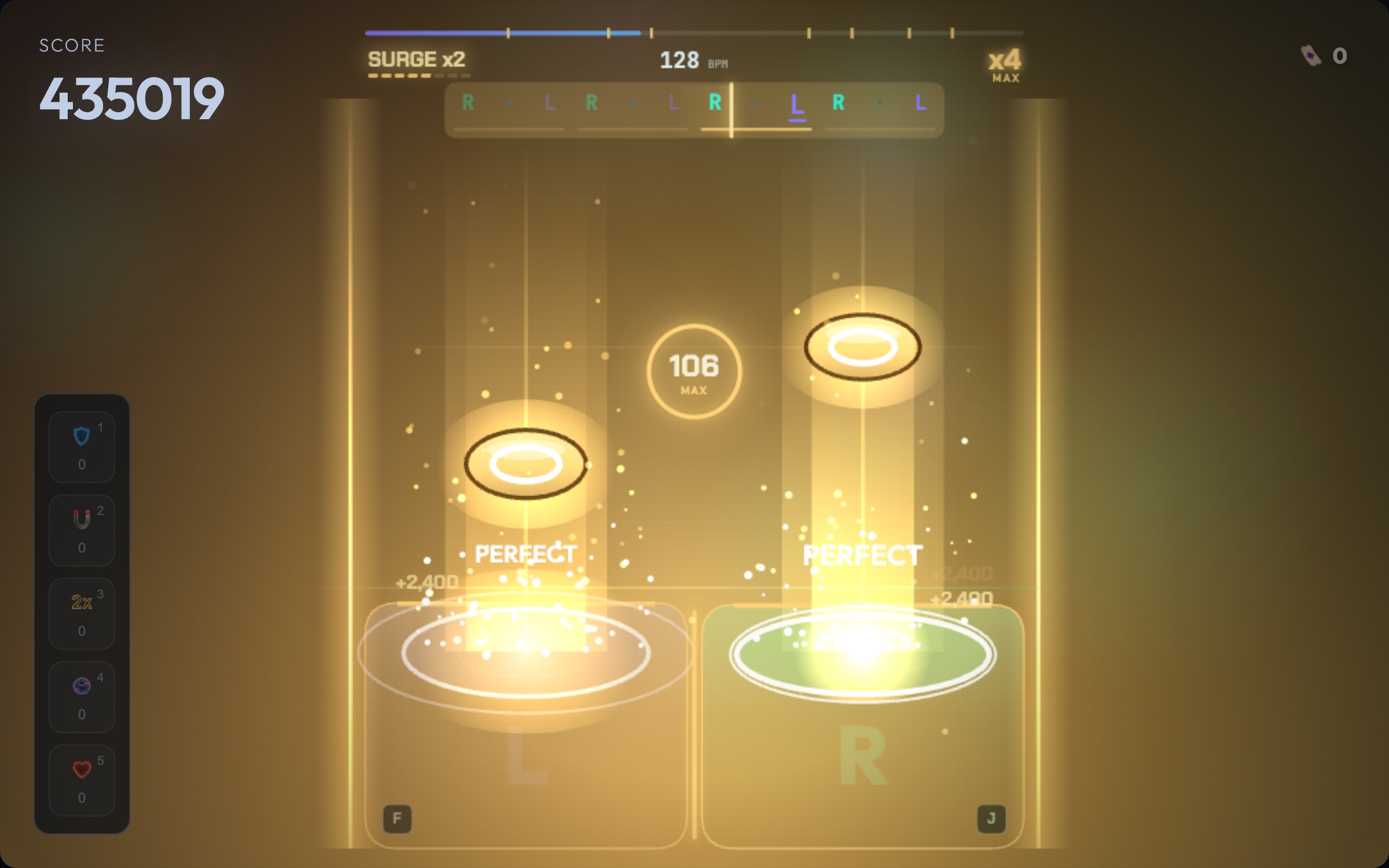 Tidebeat in a Surge: gold notes in a gallop pattern falling to the two drums, perfect-hit beams and a x4 combo