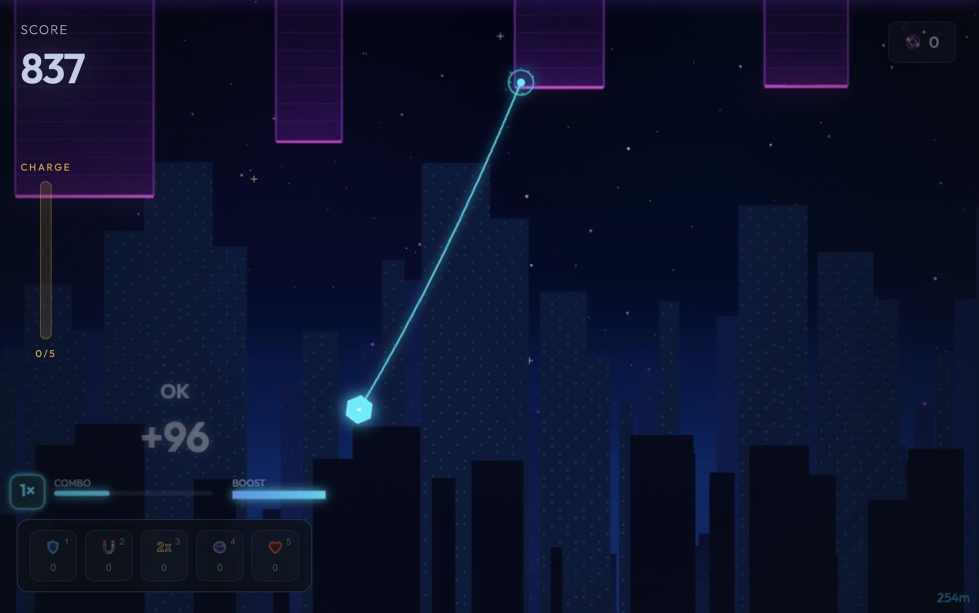 Wire Rush player swinging from a grapple line between neon towers